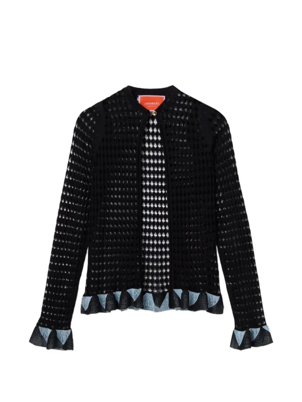 La DoubleJ Bow Ruffled Open-knit Cardigan in Black
