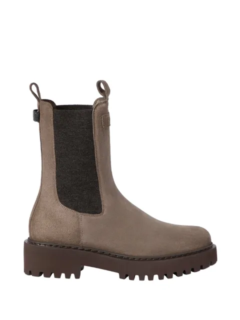 Brunello Cucinelli suede boots with knit insert and precious Monili loop detail