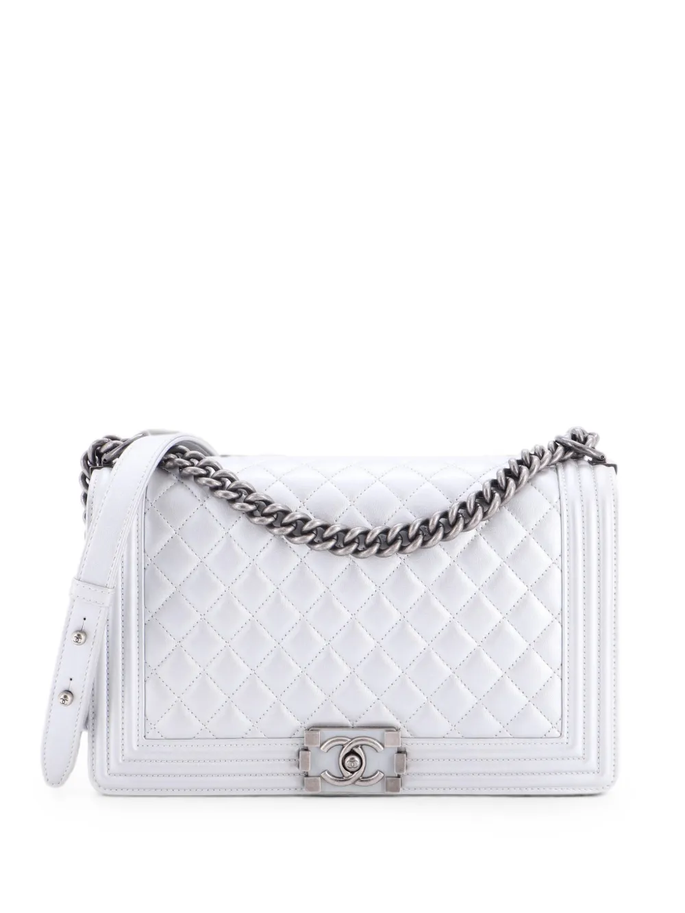 CHANEL Pre-Owned Borsa a spalla Boy media trapuntata in pelle di vitello metallizzata con battente - Argento