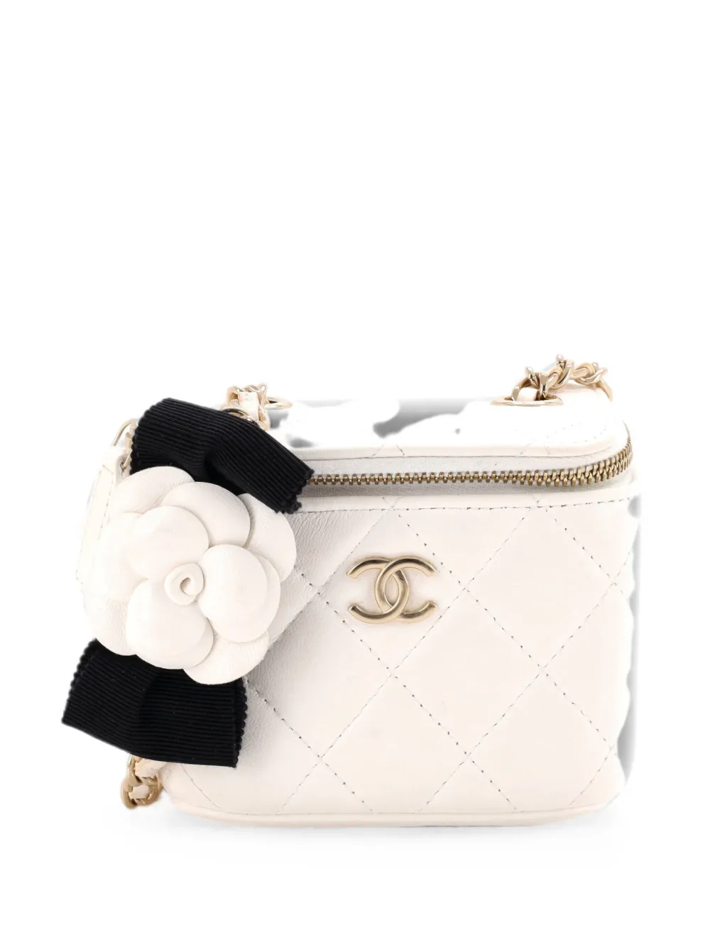 CHANEL Pre-Owned Camellia Bow Vanity Case with Chain Quilted Lambskin Mini crossbody bag - White