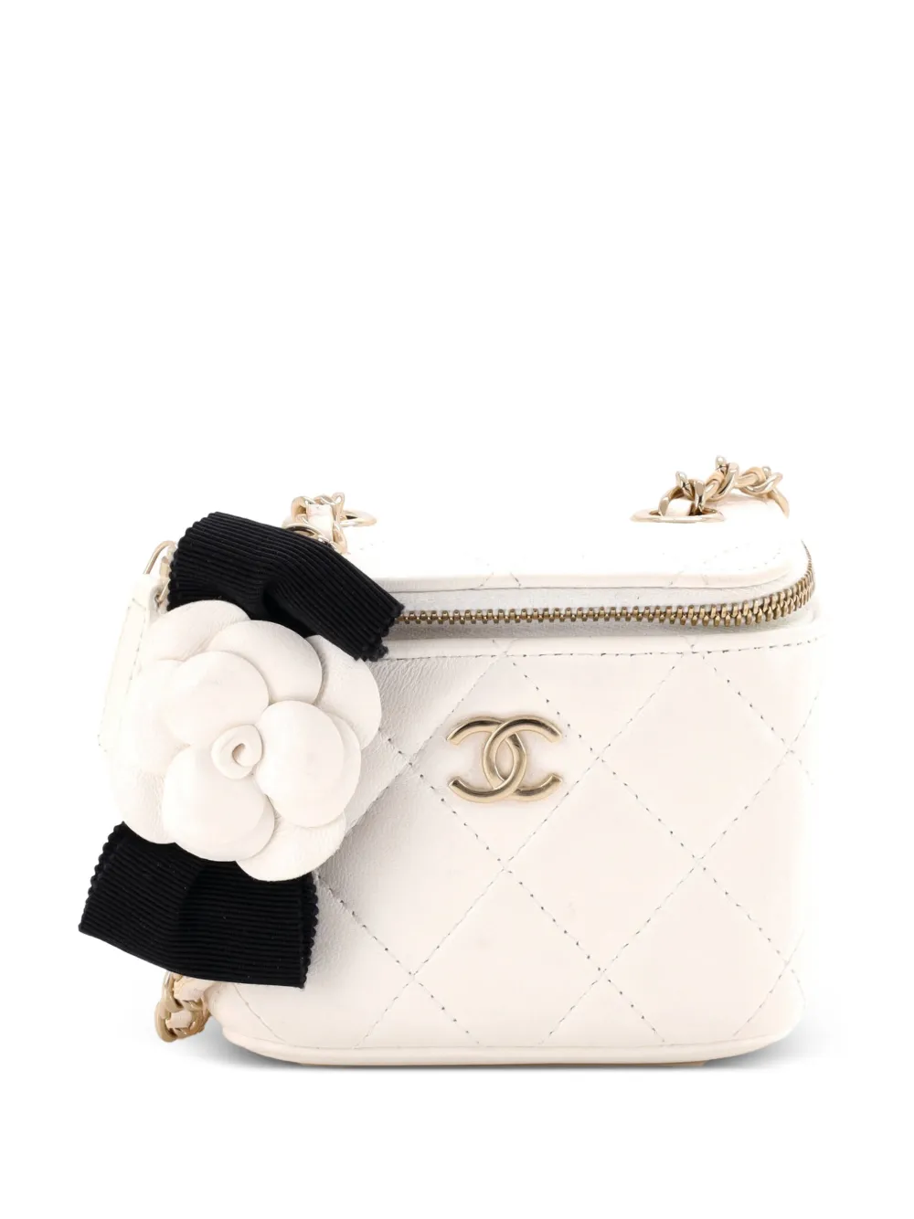 CHANEL Pre-Owned Camellia Bow Vanity Case with Chain Quilted Lambskin Mini crossbody bag - White