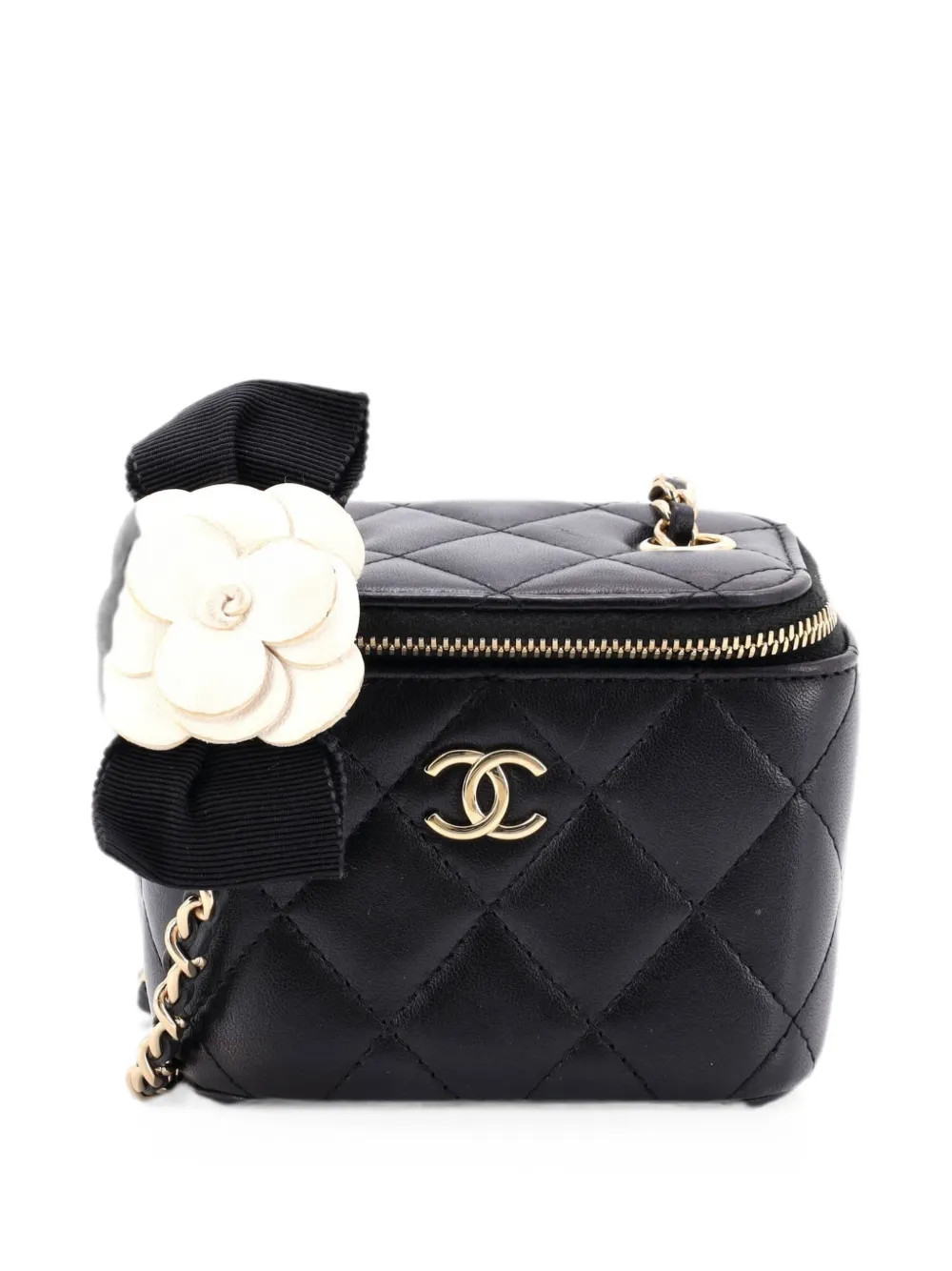CHANEL Pre-Owned Borsa a tracolla Vanity Case mini in pelle di agnello trapuntata con fiocco e camelia - Nero