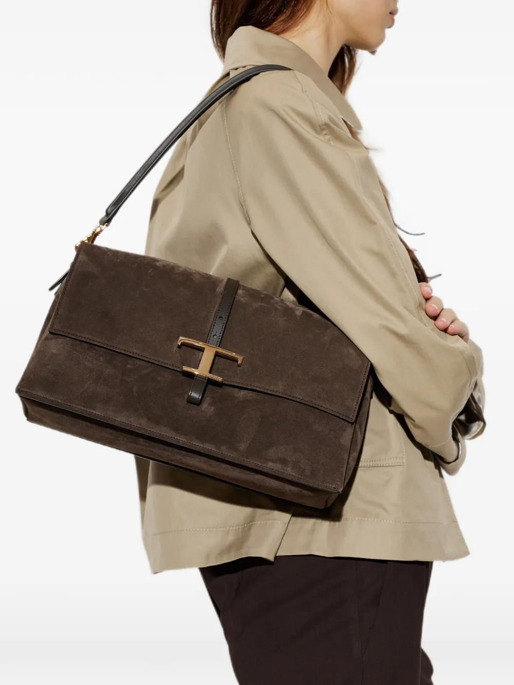Tod's T Timeless Suede Shoulder Bag in Brown, view 2