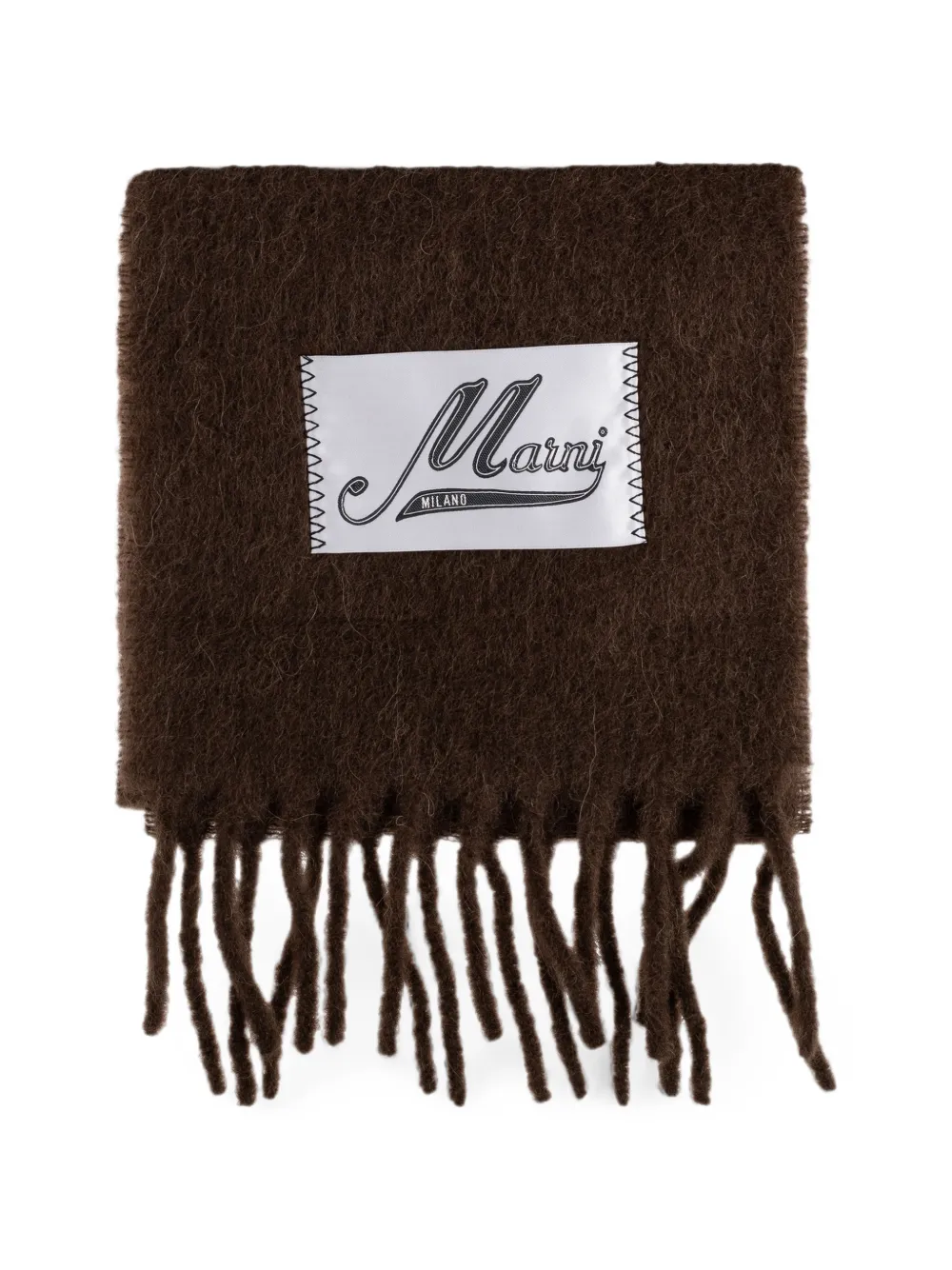 Marni logo-patch fringed scarf - Marrone