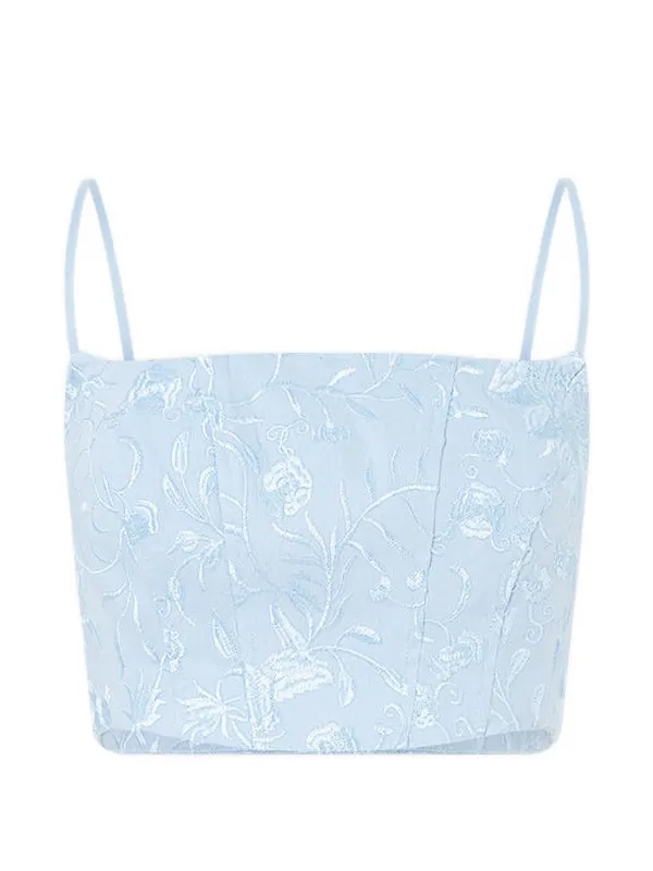 Camilla Seville Sweetheart Floral-embroidered Corset Crop Top in Blue