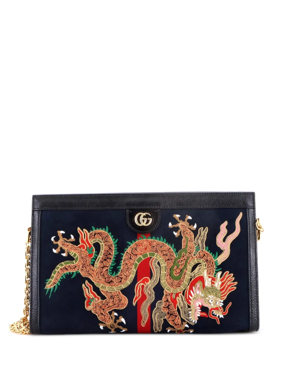 Gucci Pre-Owned Borsa a spalla Ophidia media in pelle scamosciata con ricamo e catena - Blu