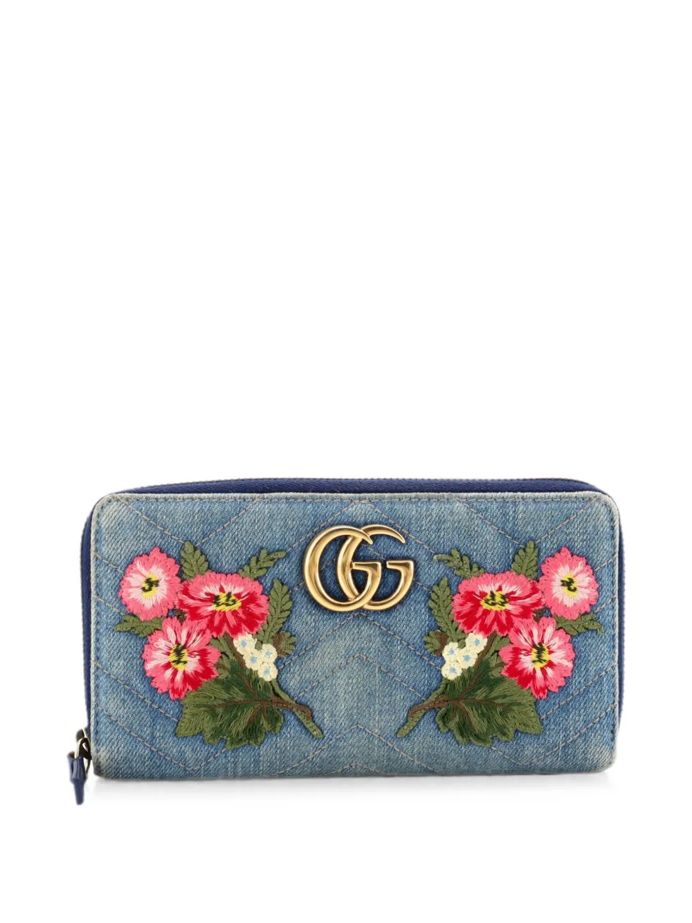 Pre-owned Gucci Gg Marmont Zip Around Wallet Embroidered Matelasse Denim Small Wallets In Blue