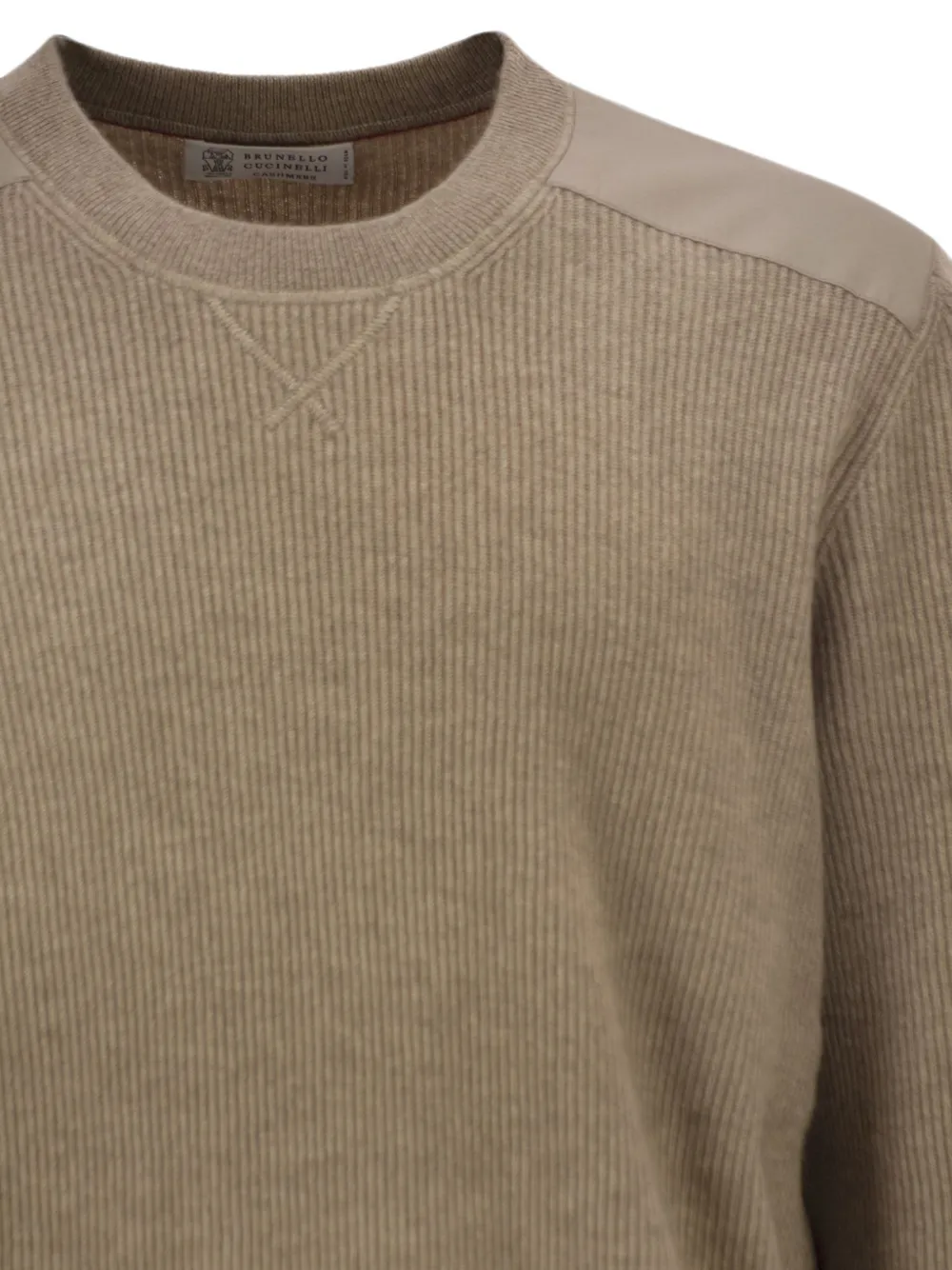 Brunello Cucinelli Ribgebreide trui met katoenen inzetstuk Beige