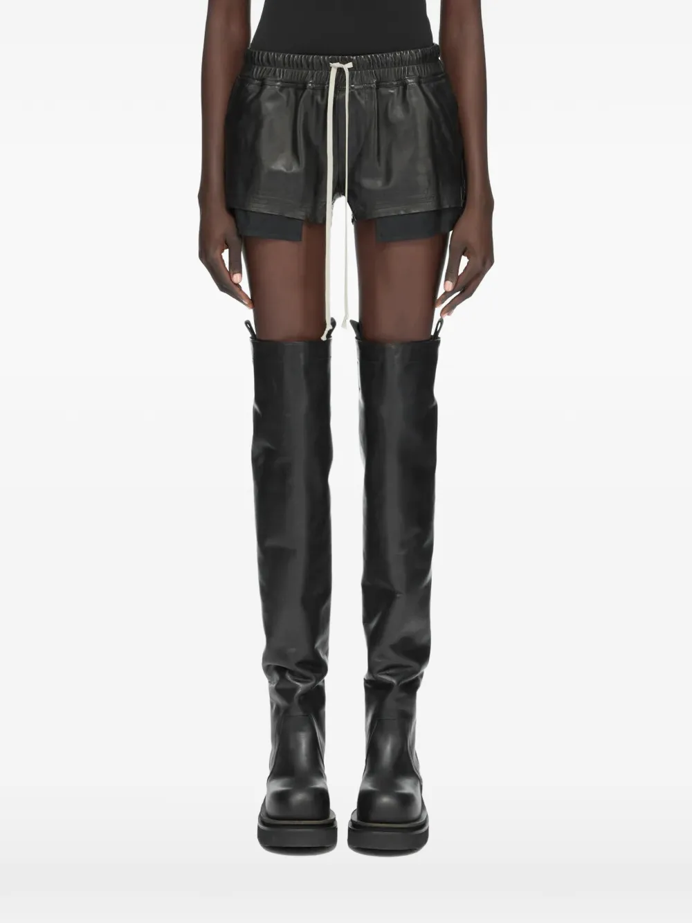 Rick Owens drawstring layered leather shorts - Schwarz