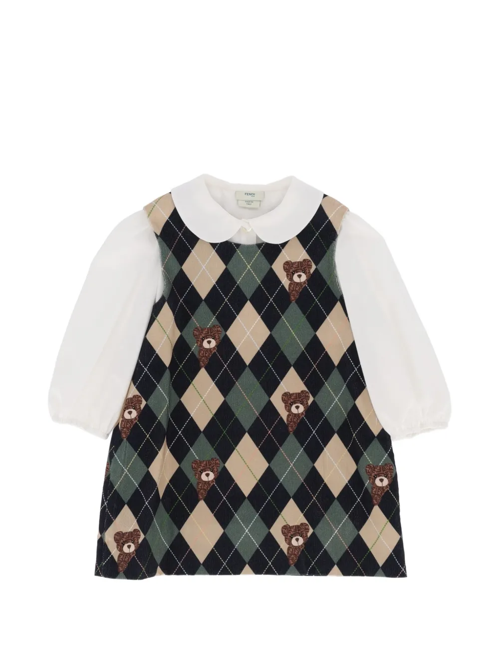 Fendi Kids argyle bear-print corduroy dress Wit