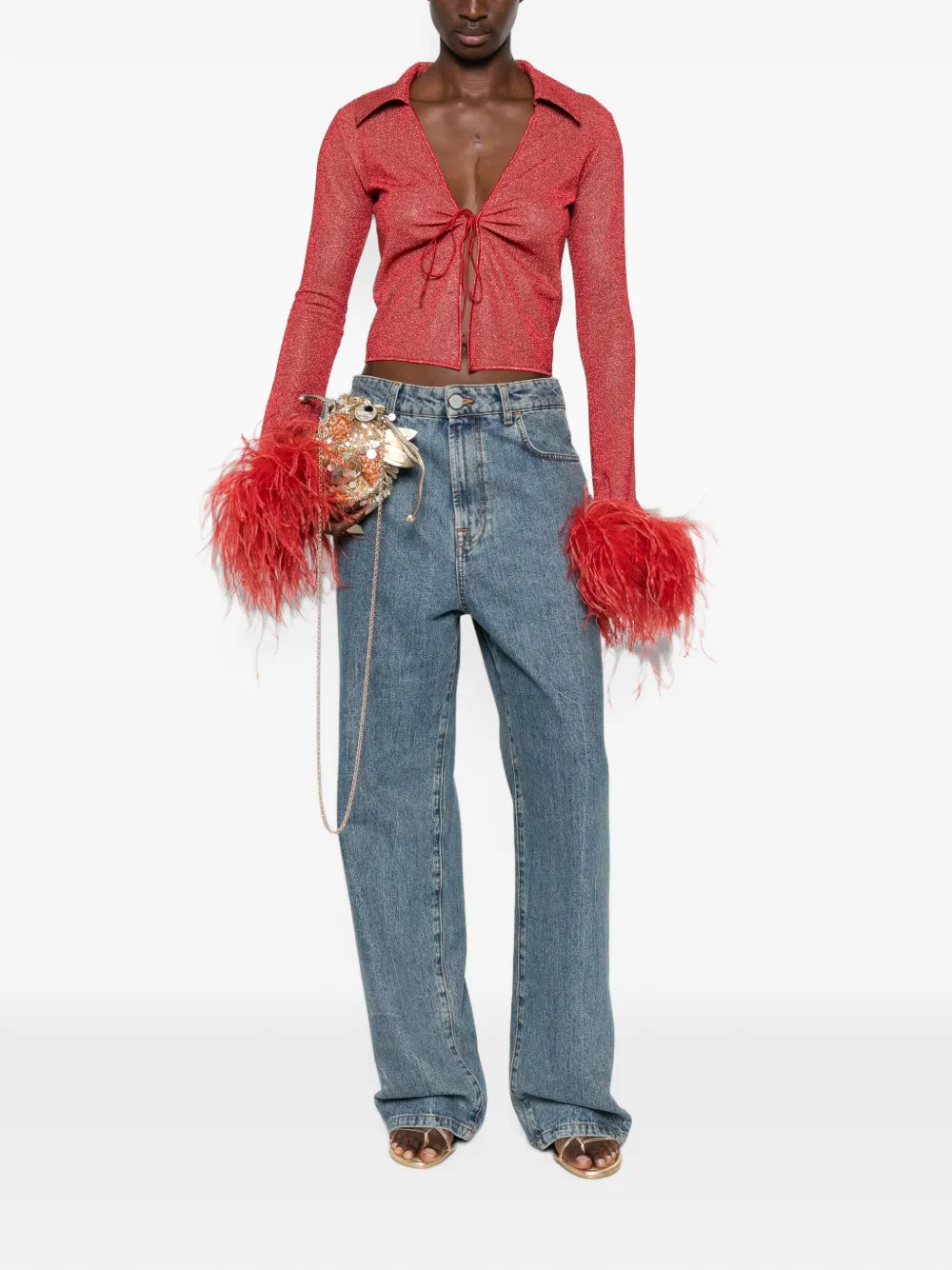 Oséree Metallic top met veren afwerking Rood