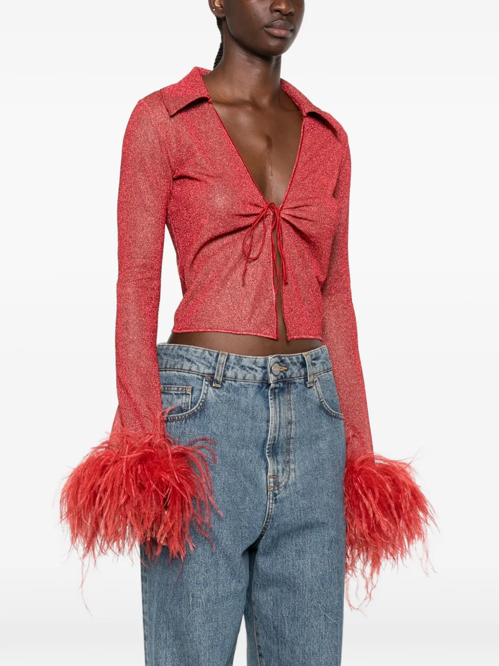 Oséree Metallic top met veren afwerking Rood