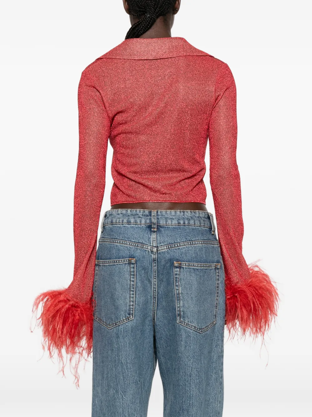 Oséree Metallic top met veren afwerking Rood