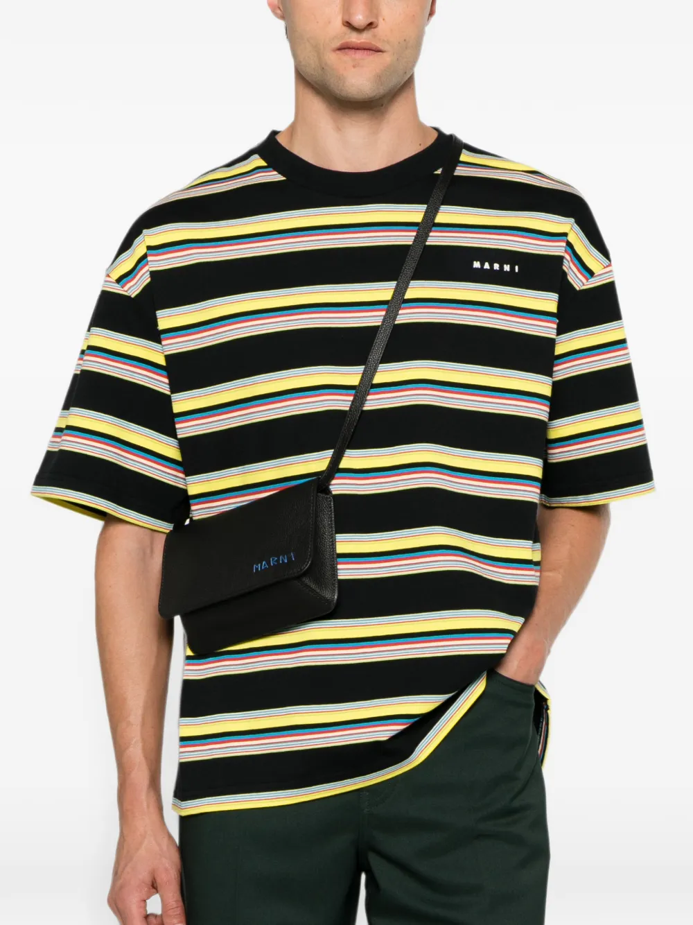 Marni Leren messengertas met logo-patroon Zwart
