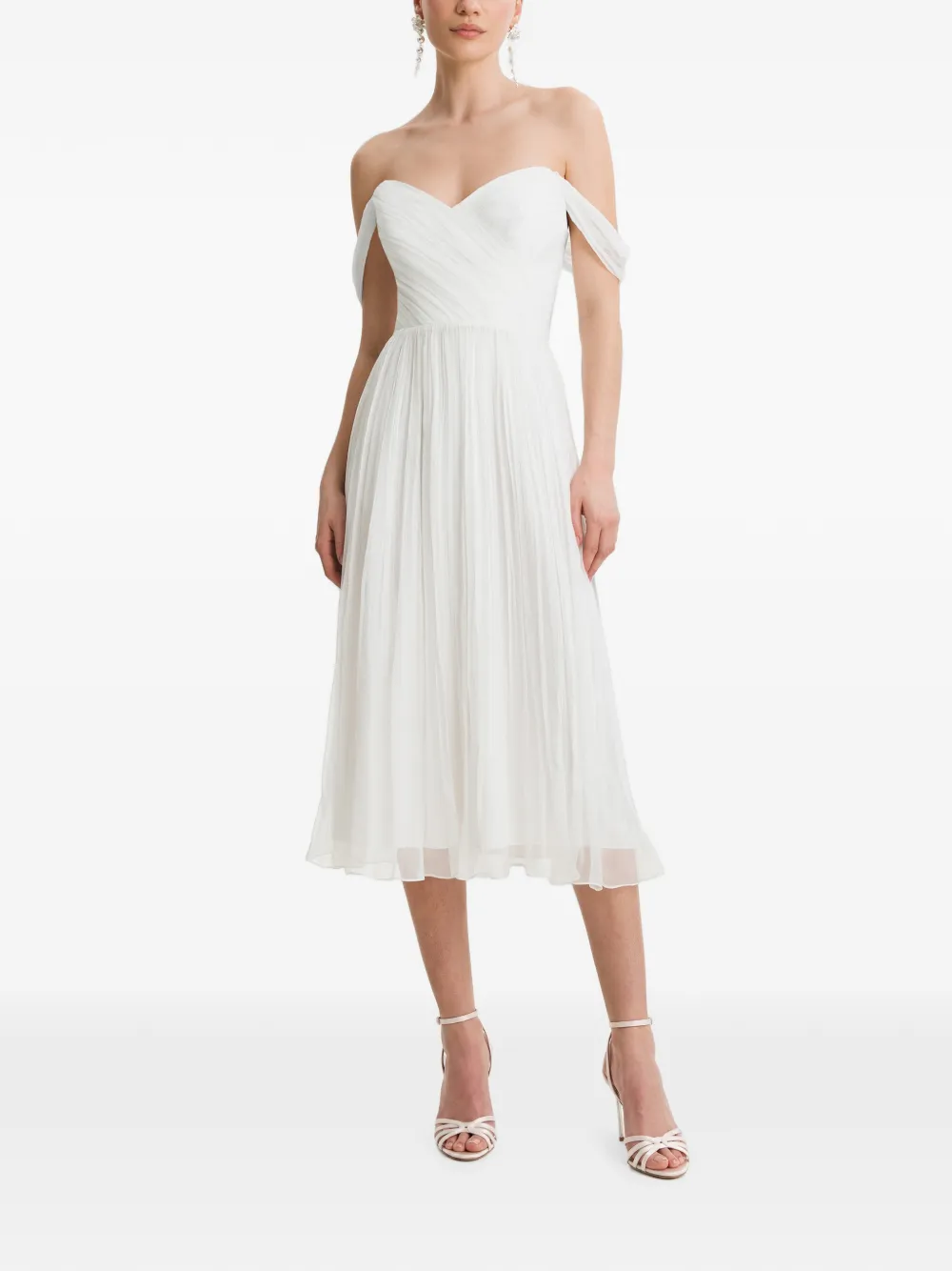 FRAMBOISE Canneline off-shoulder geplooide midi-jurk Wit