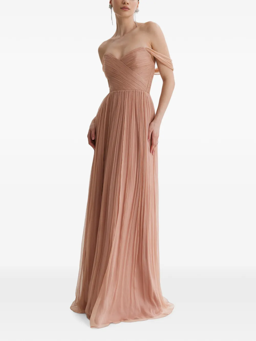 FRAMBOISE Kiros off-shoulder jurk met plooien Beige