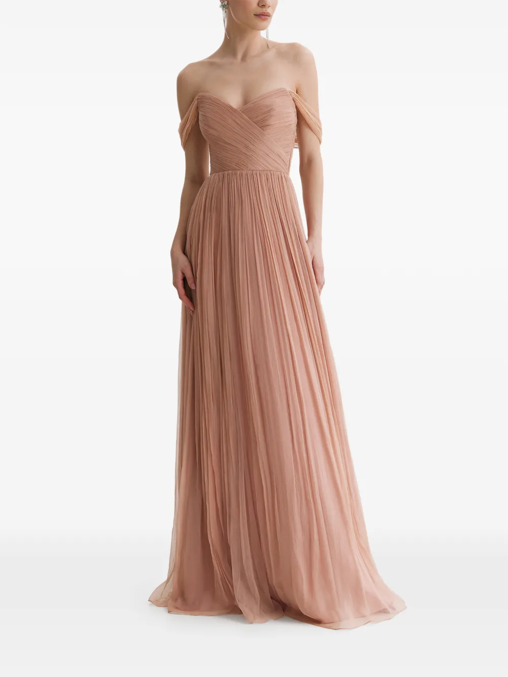 FRAMBOISE Kiros off-shoulder jurk met plooien Beige