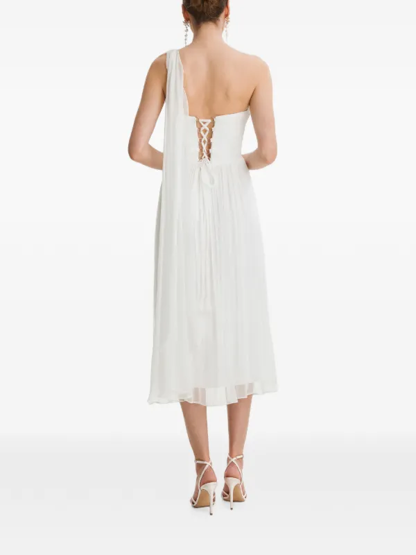 white one shoulder pleated detail midi dress Simkhai Ammalie One-Shoulder Draped Pleated Poplin Midi Dress - White