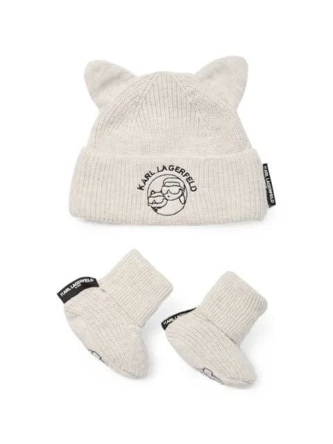 Karl Lagerfeld Kids ear-detail logo-embroidered cotton beanie and slippers set