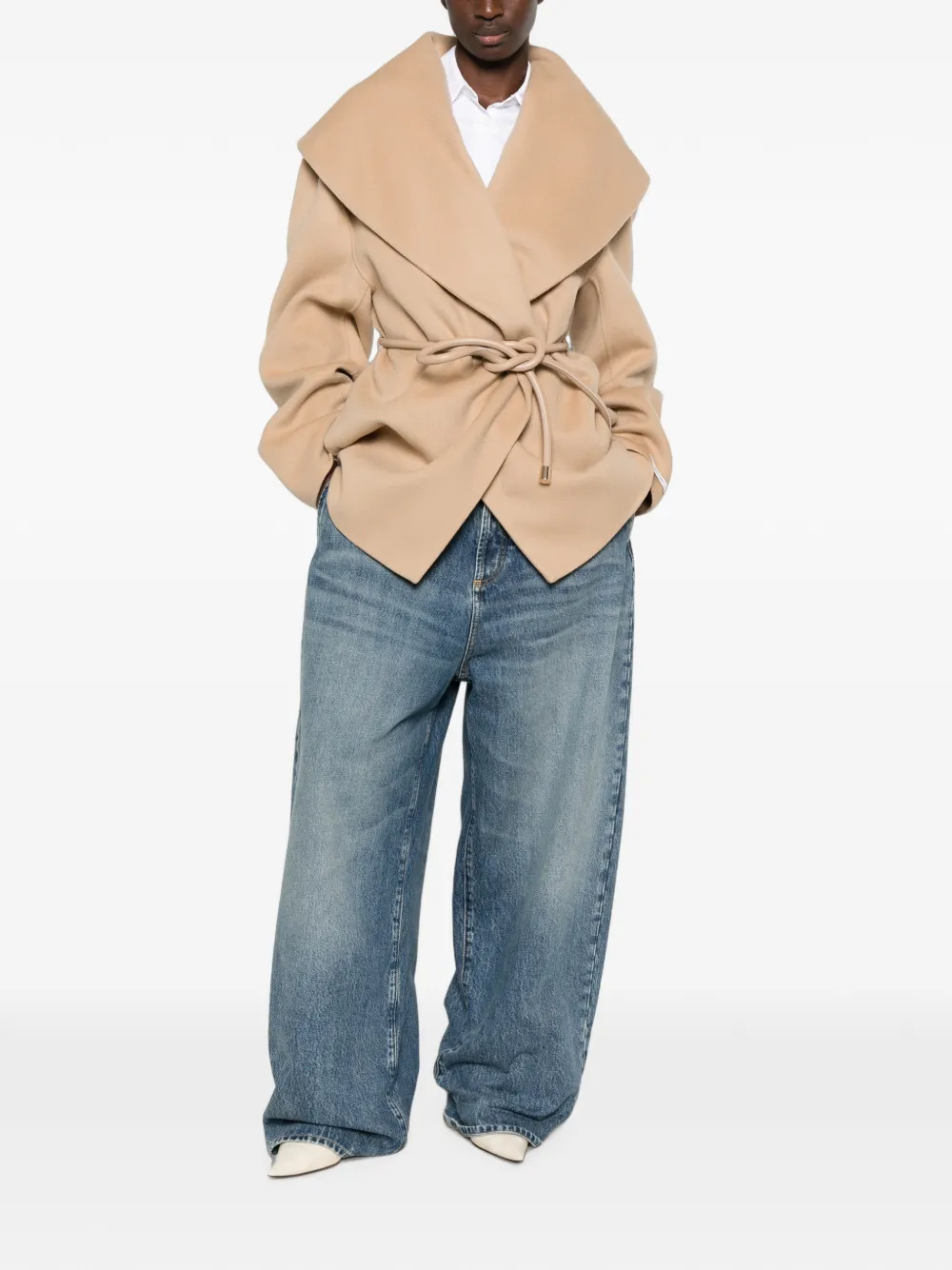 Sportmax Uguale Belted Shawl-collar Jacket in Neutrals, view 2