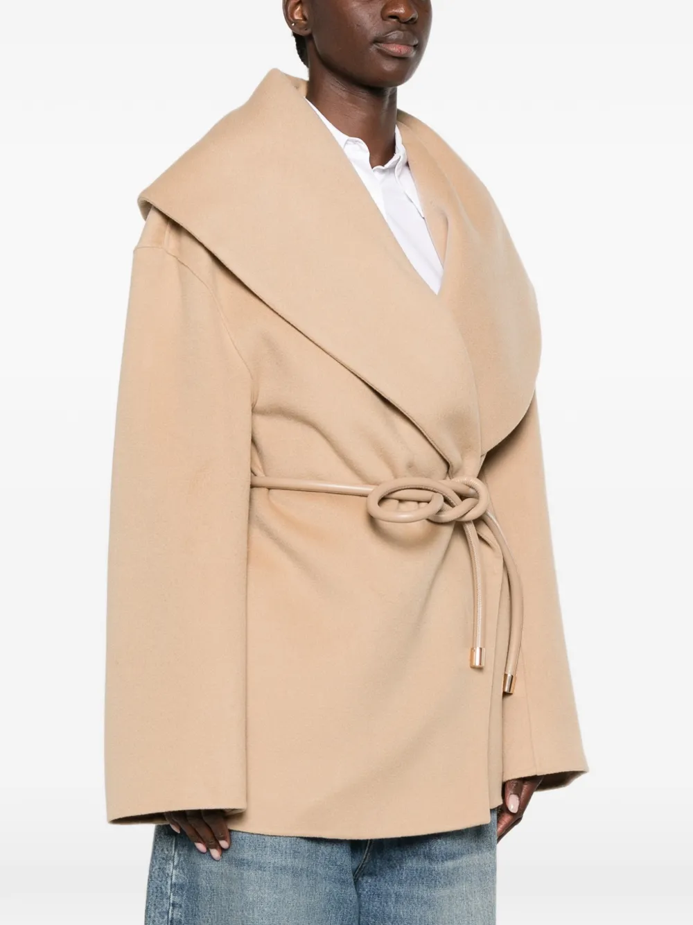 Sportmax Uguale Belted Shawl-collar Jacket in Neutrals, view 3