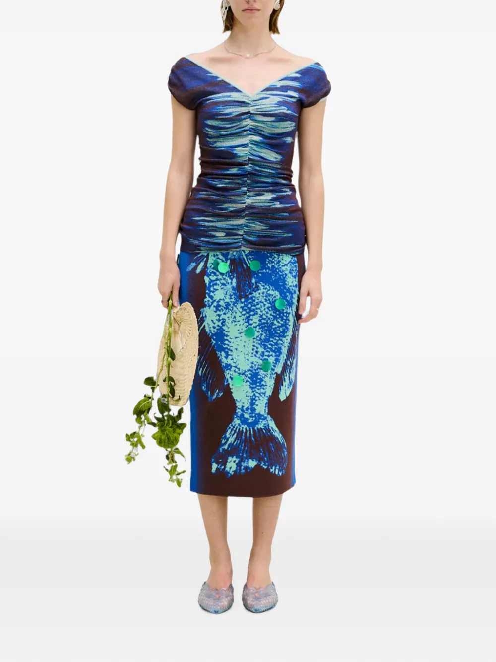 PH5 Top met ruches en Mahi Lake-print Blauw