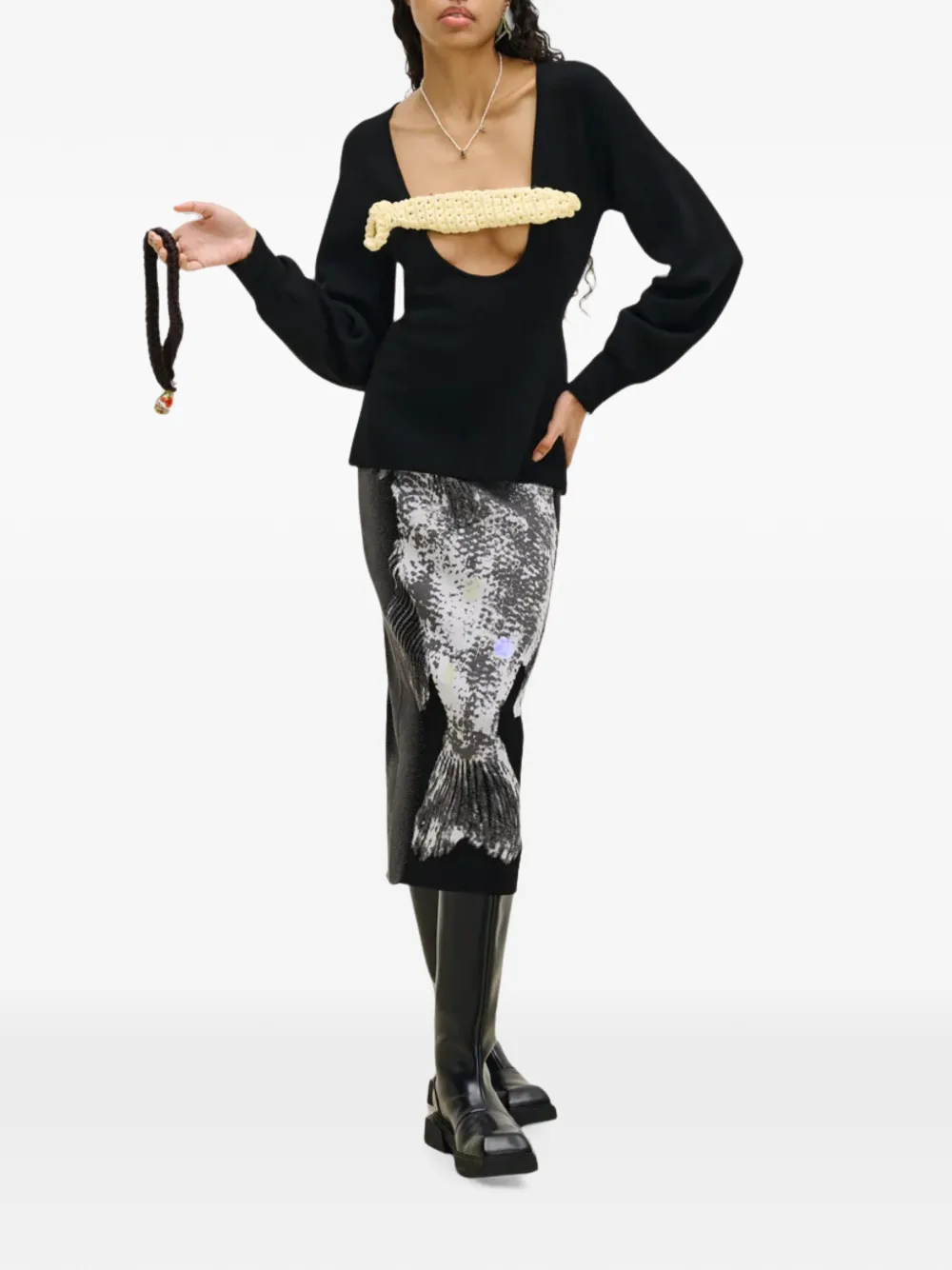 PH5 Reflecterende midi-rok met vis-intarsia Zwart