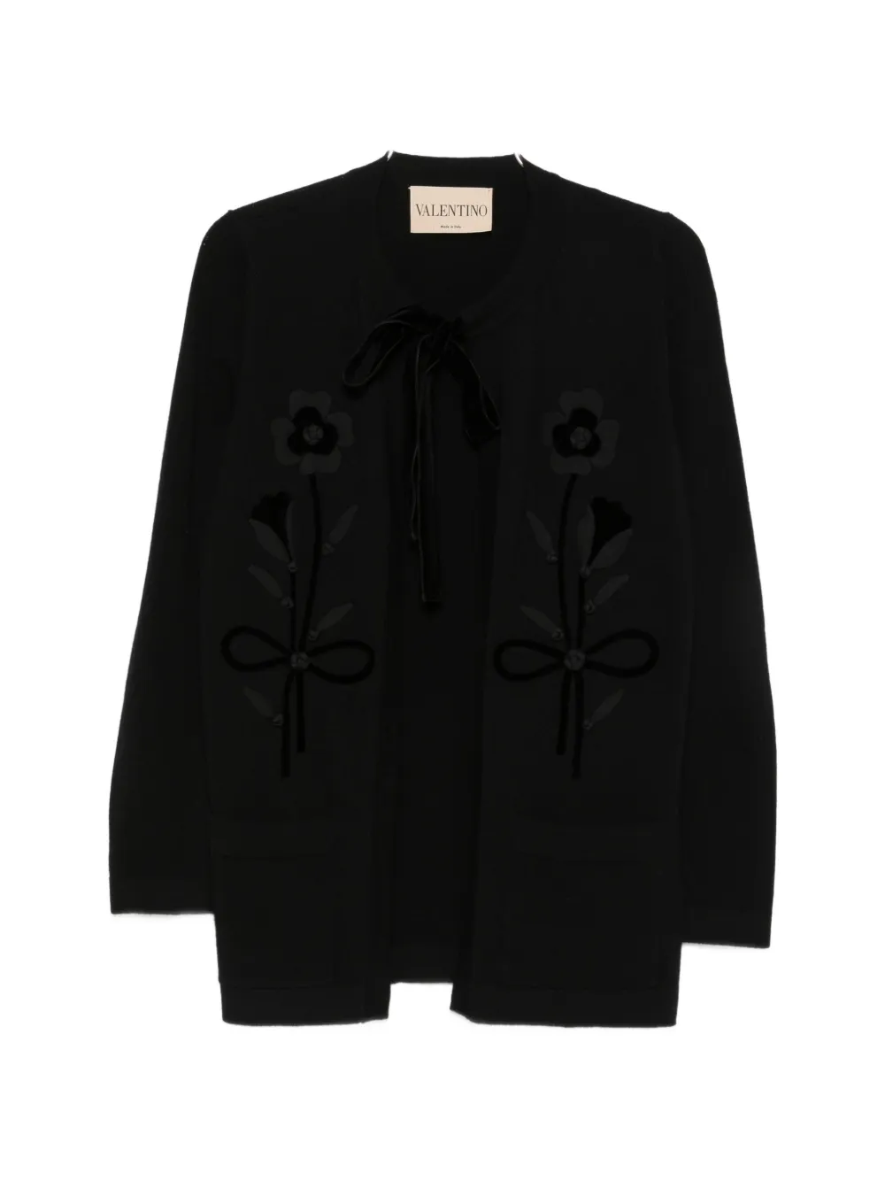 Valentino Garavani floral-applique bow-fastening cardigan - Black