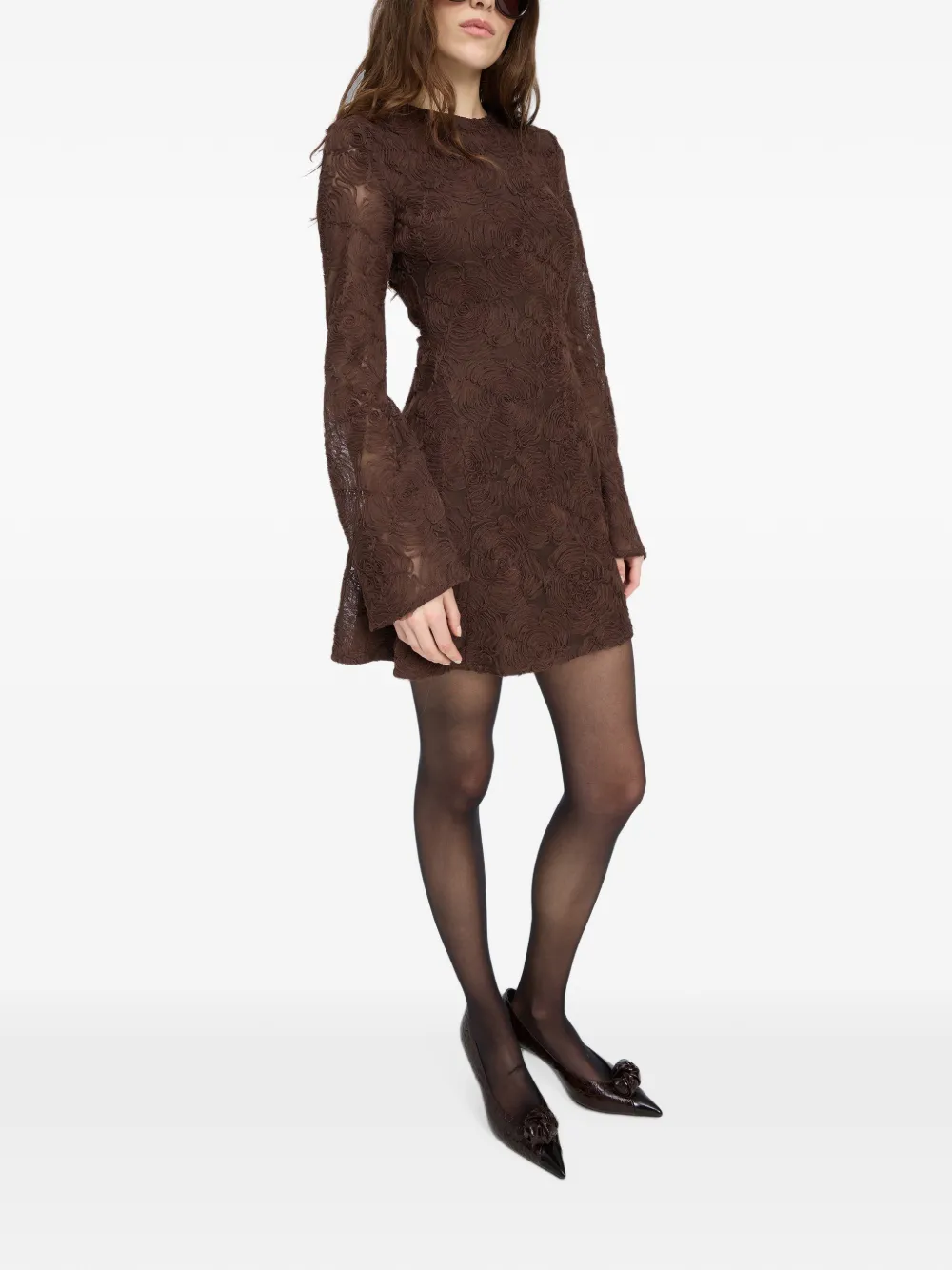 ROTATE BIRGER CHRISTENSEN Mesh LS mini-jurk met bloemen Bruin