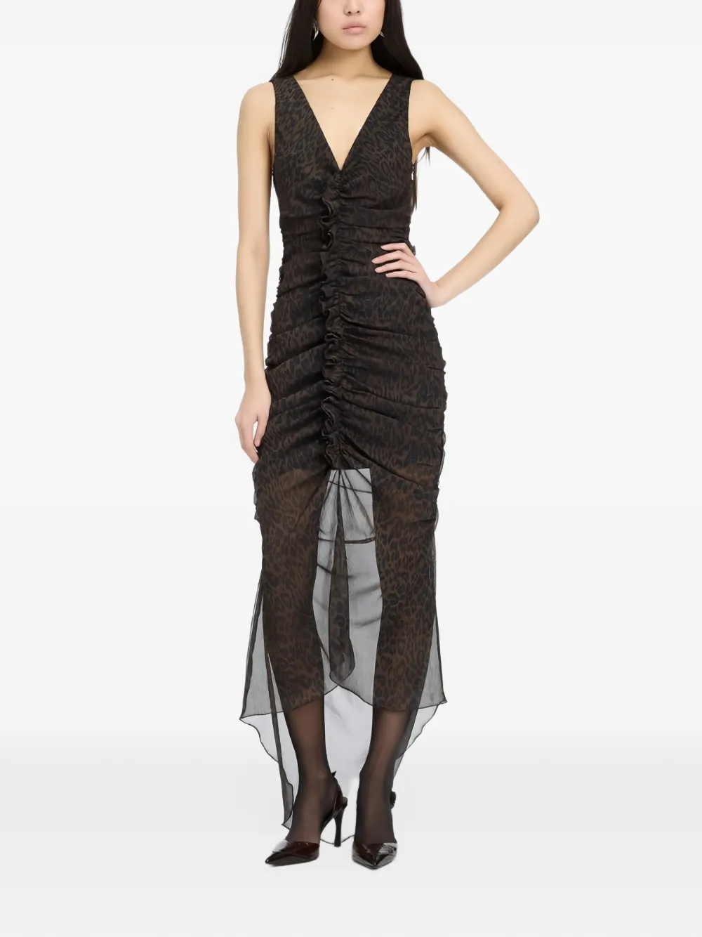 ROTATE BIRGER CHRISTENSEN Midi-jurk met ruches en luipaard-print Bruin