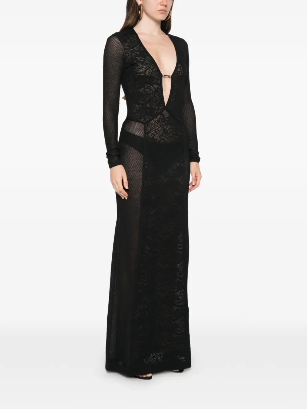 Elisabetta Franchi Maxi-jurk met kanten vlakken en lange mouwen Zwart