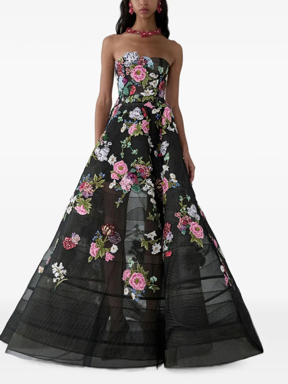 Carolina Herrera Maxi-jurk met geborduurde bloemen Zwart