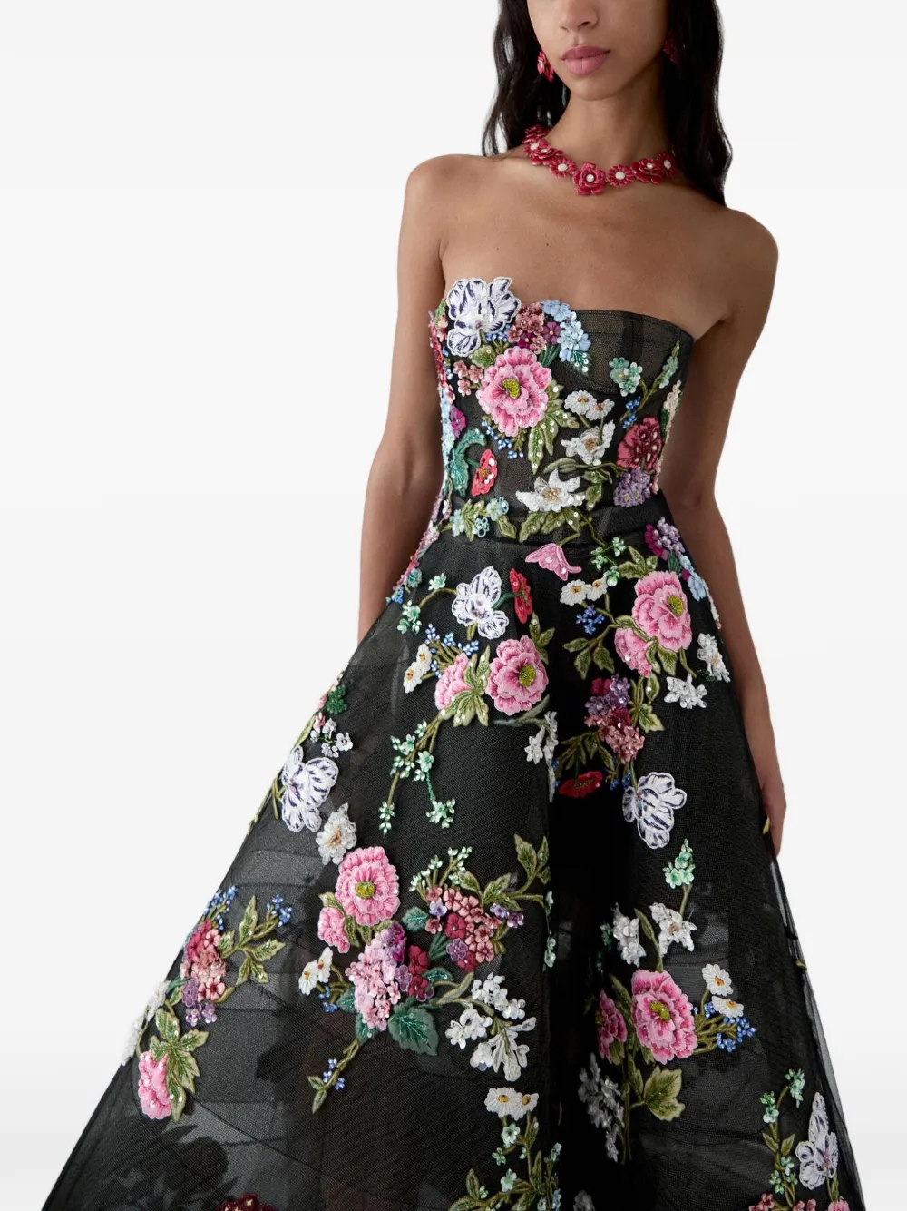 Carolina Herrera Maxi-jurk met geborduurde bloemen Zwart
