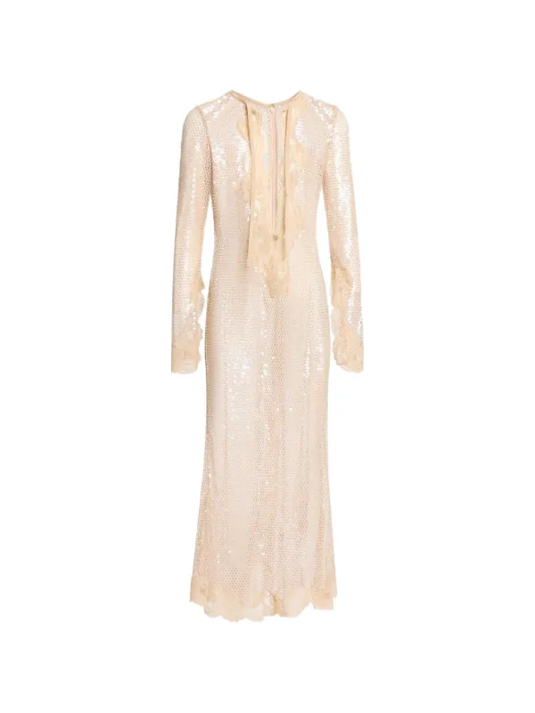 Elie Saab Sequin-embellished Lace-trim Midi Dress in Neutrals