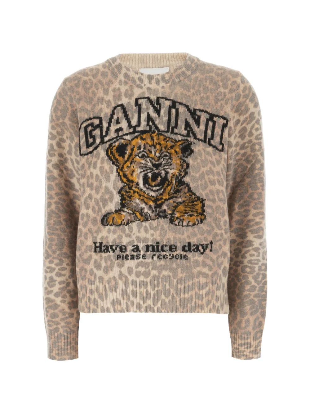 Ganni Tiger-print Intarsia-knit Sweater In Neutral