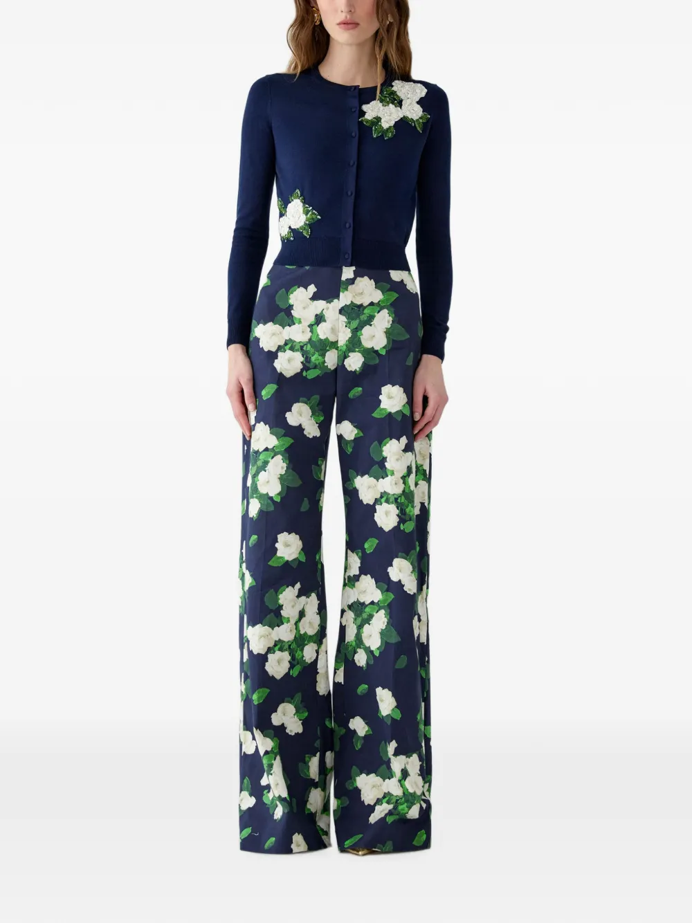 Carolina Herrera Floral-embroidered Sequin-embellished Cardigan in Blue, view 2