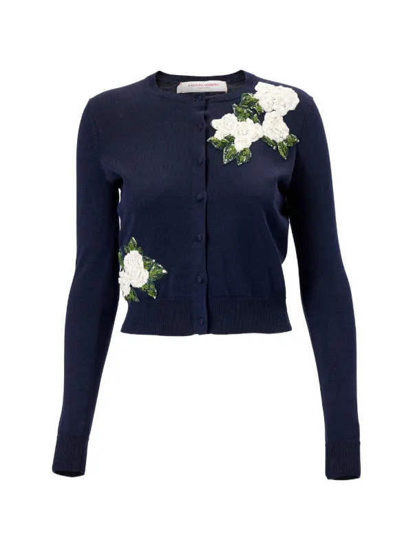 Carolina Herrera Floral-embroidered Sequin-embellished Cardigan in Blue