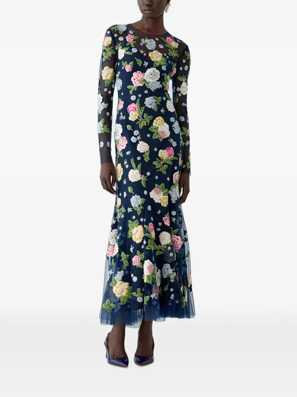 Carolina Herrera Maxi-jurk met geborduurde bloemen Blauw