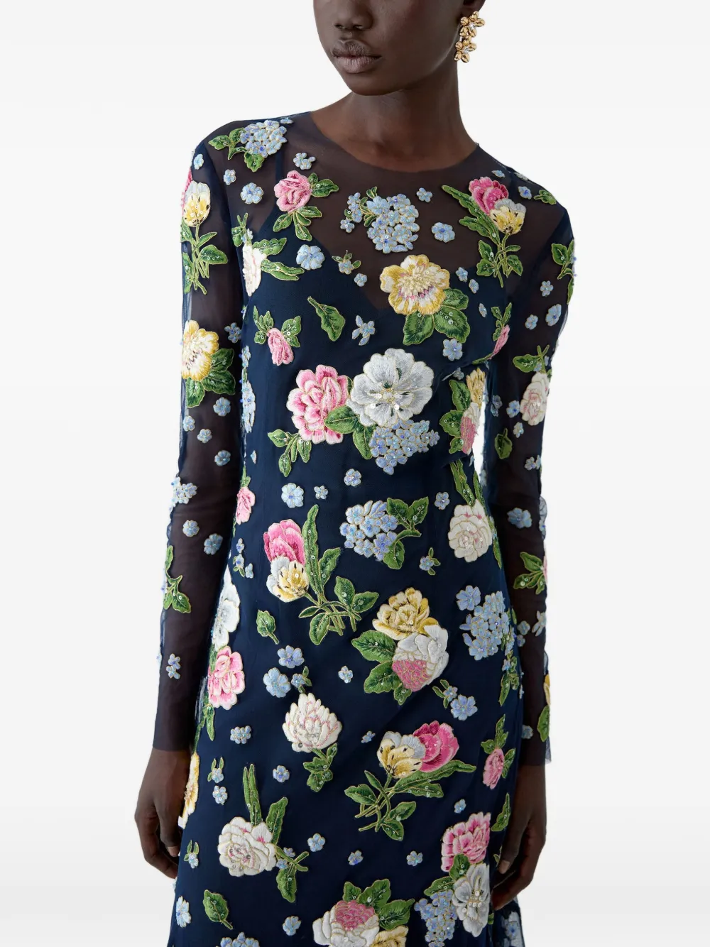 Carolina Herrera Maxi-jurk met geborduurde bloemen Blauw