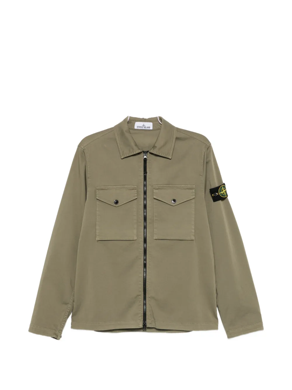 Stone Island logo-patch zip-up cotton shirt - Grün