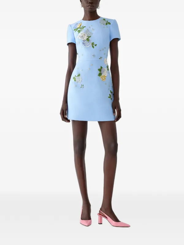 carolina herrera light blue dress Floral-Embroidered Crepe Mini The Little Black Dress womens leather blazer hook fastening Size:2X