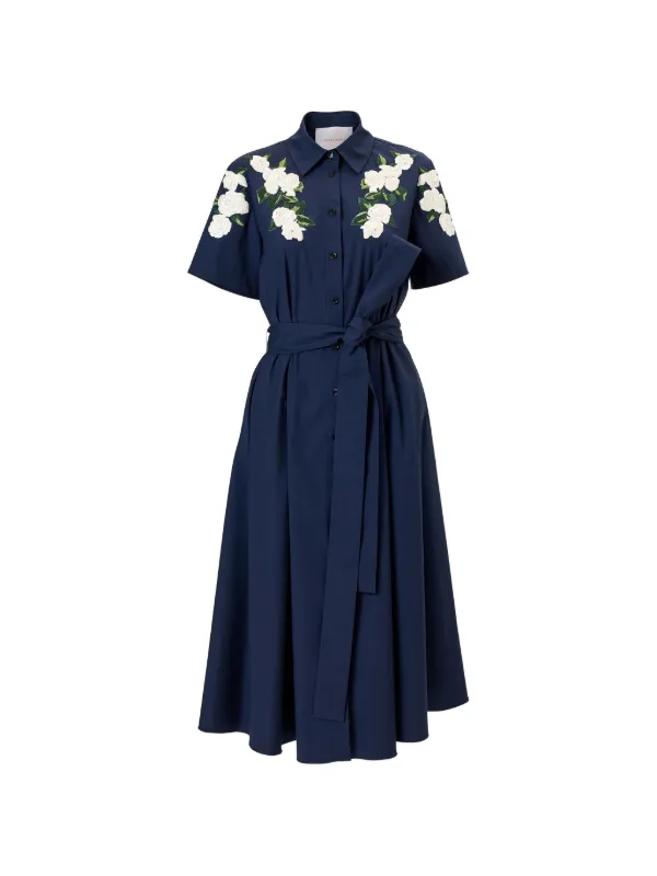 Carolina Herrera Floral-embroidered Belted Midi Dress in Blue
