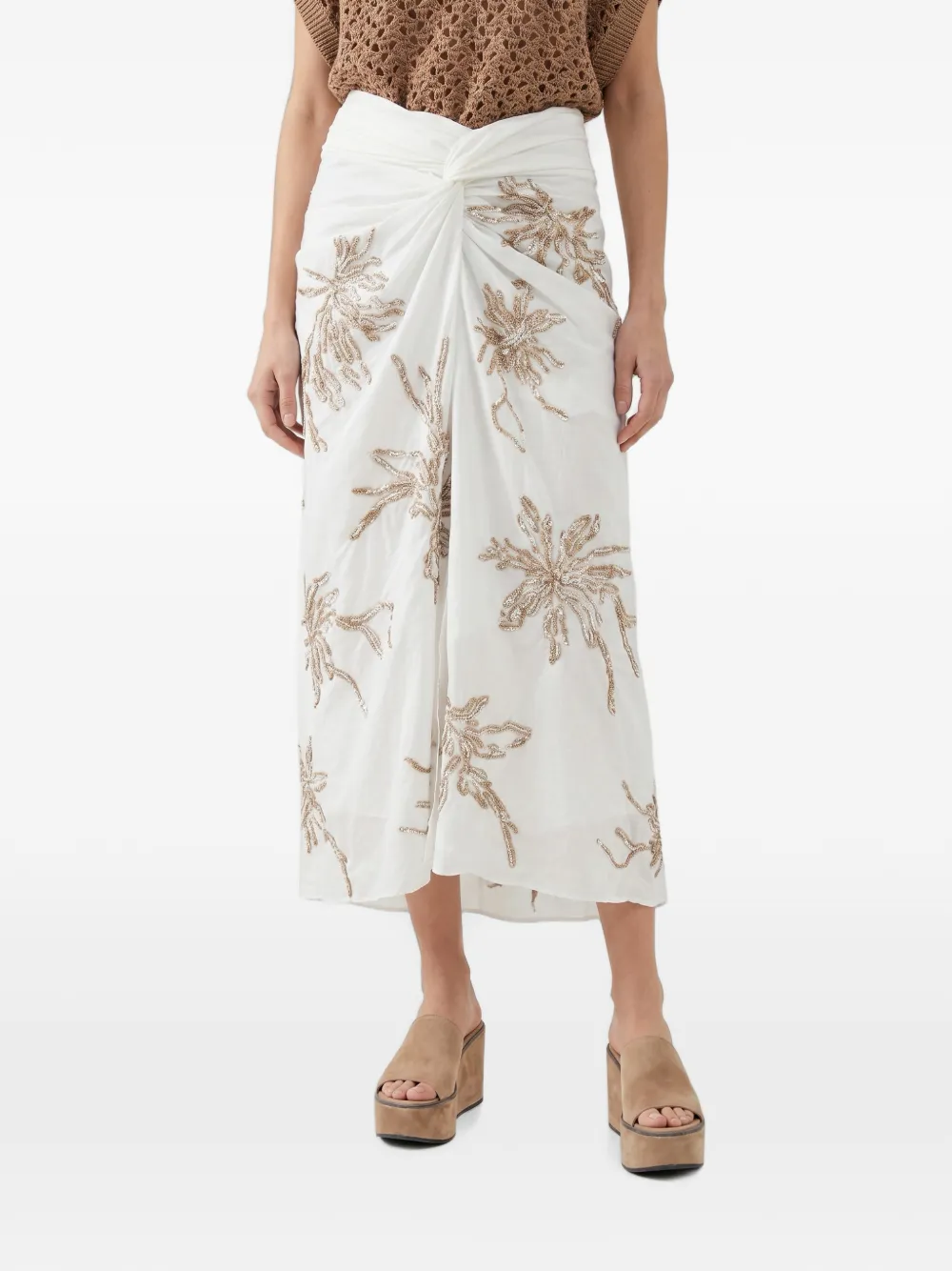 Brunello Cucinelli embroidered knotted-waist midi skirt - Weiß