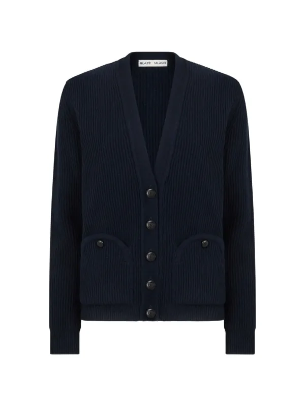 BLAZÉ Milano Ribbed-knit Smiley-pocket Cardigan in Blue
