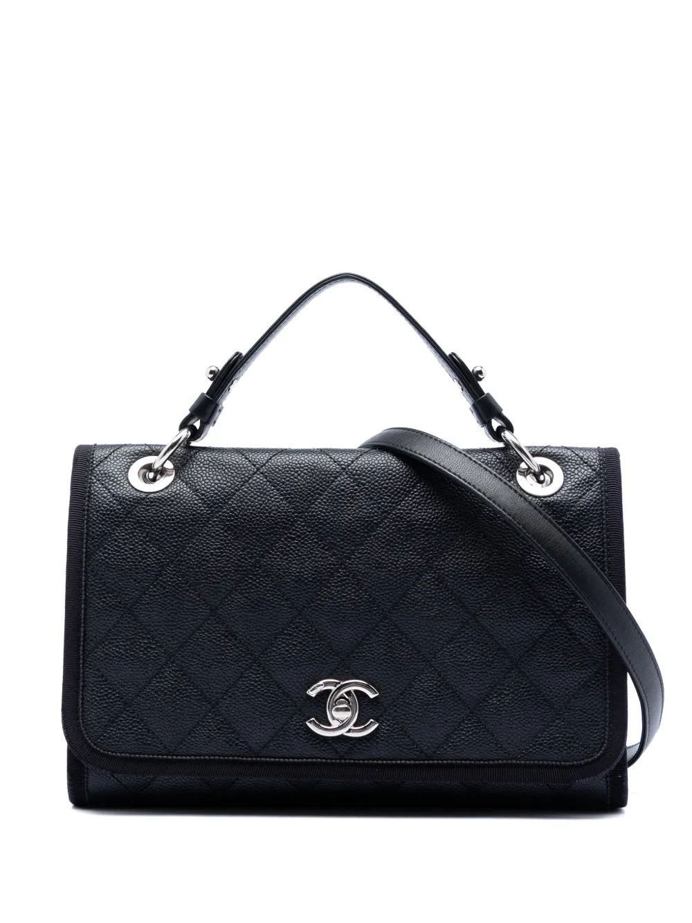 CHANEL Pre-Owned Borsa a tracolla CC in pelle Caviar trapuntata bicolore e gros grain con manico e battente 2018 - Blu