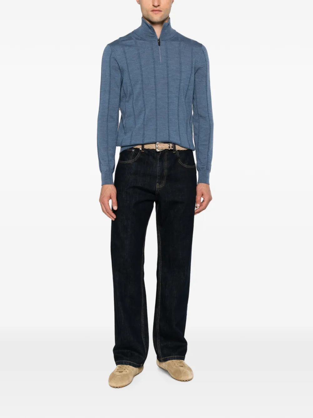 Canali Geribbelde trui met kwartrits Blauw