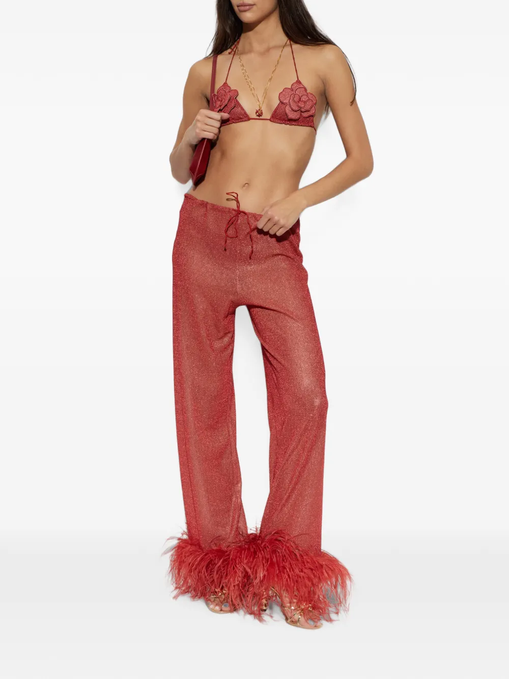 Oséree Metallic broek met veren afwerking Rood