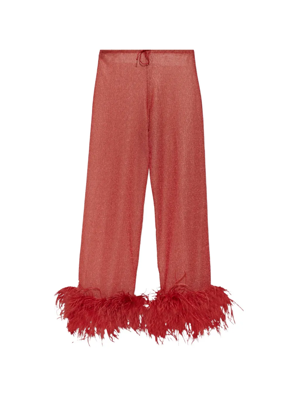 Oseree Feather-trimmed Metallic Trousers In Red