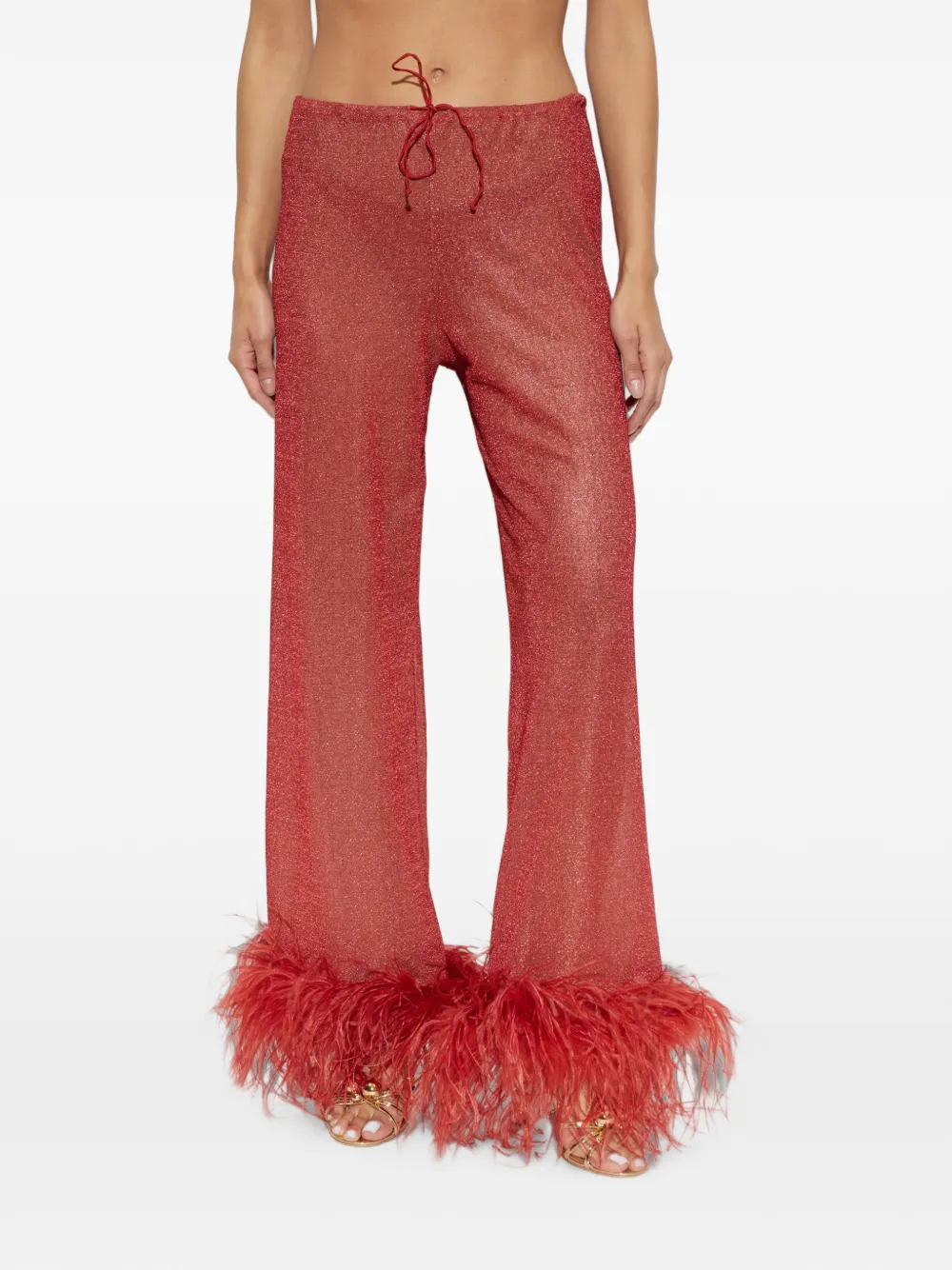 Oséree Metallic broek met veren afwerking Rood