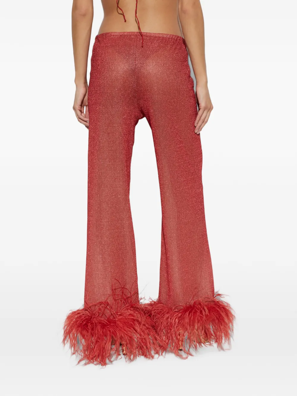 Oséree Metallic broek met veren afwerking Rood